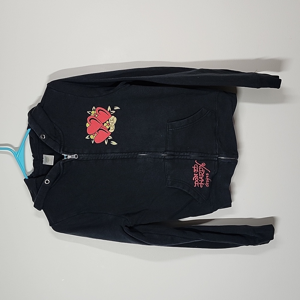 Ed Hardy Full Zip Hooded Sweatshirt Black Womens Small